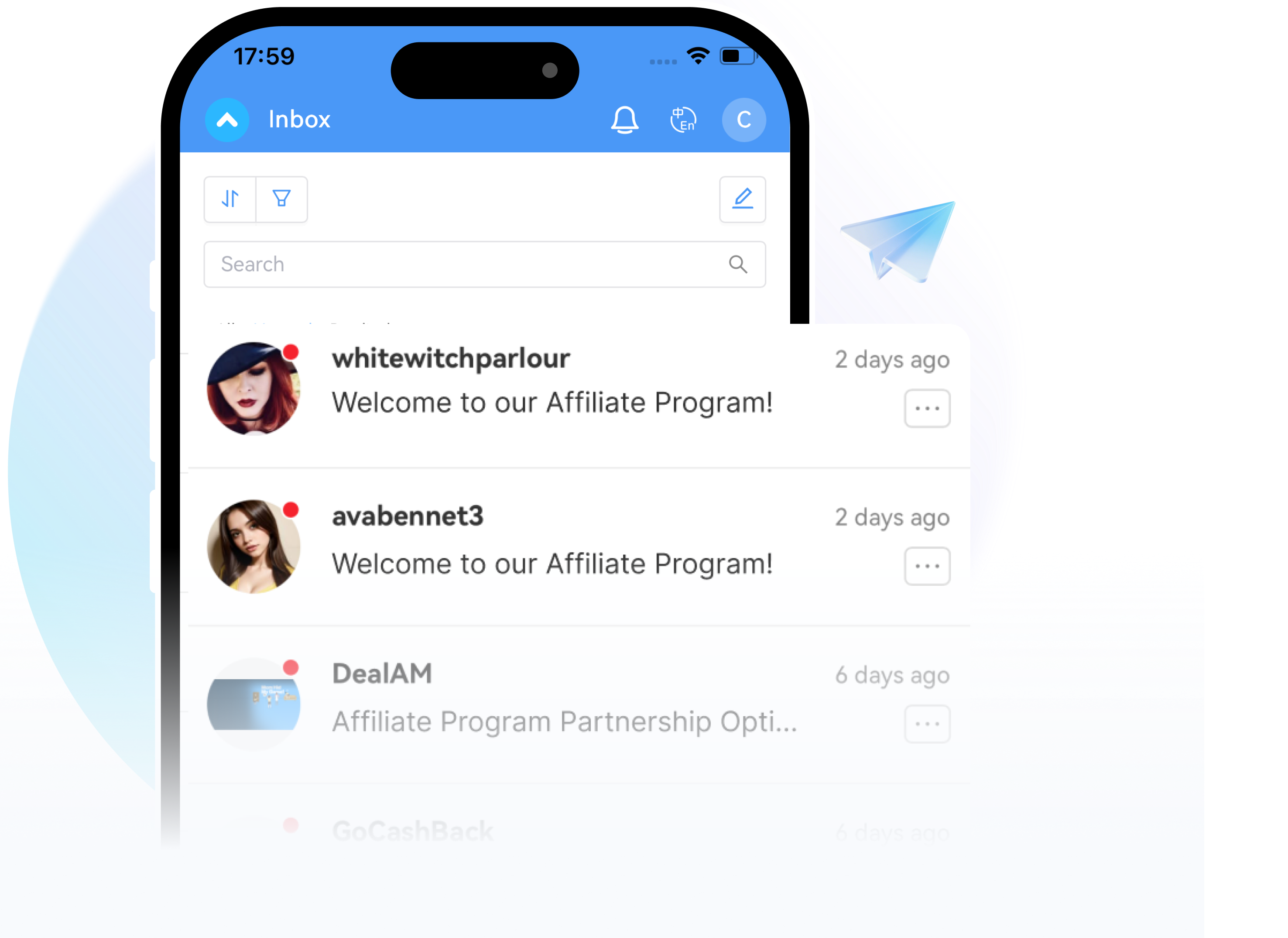 PartnerBoostアプリのメッセージングおよび操作画面